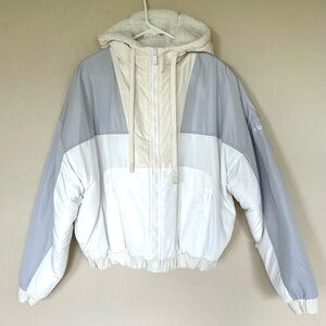 Alo Yoga Women's White and Gray Sherpa Lined Hooded Bomber Jacket, Size Small